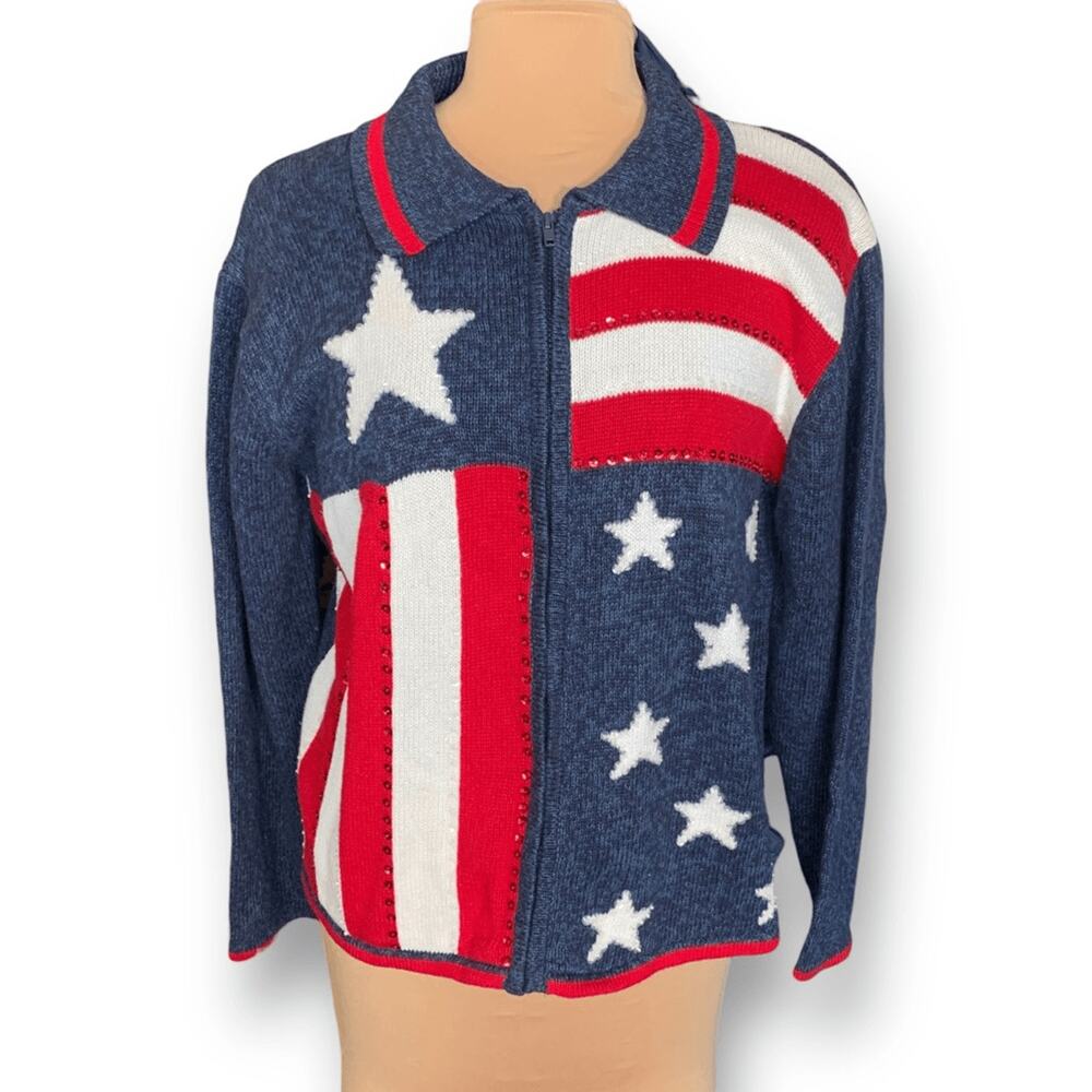 Vintage Y2K Patriotic Zip Knit Cardigan Sweater Stars Navy Blue White Stripes
